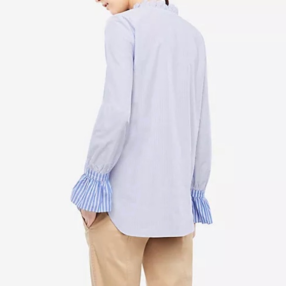 Ann Taylor Striped Ruffle Neck, button Shoulder Shirt - Picture 2 of 11
